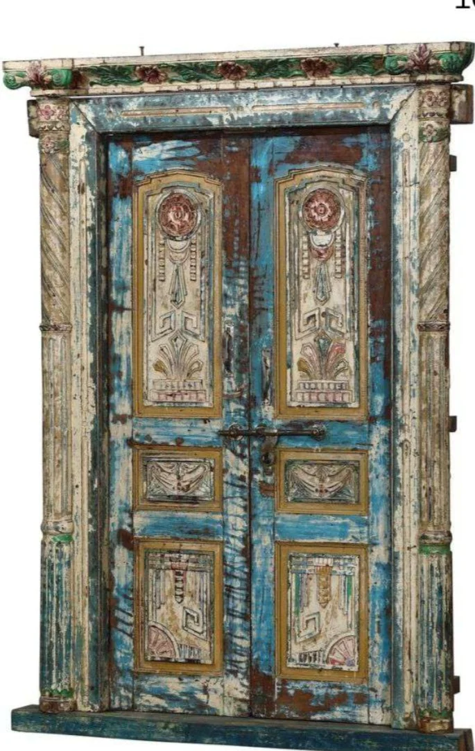 Porte Architecturale Ancienne en Bois Polychrome