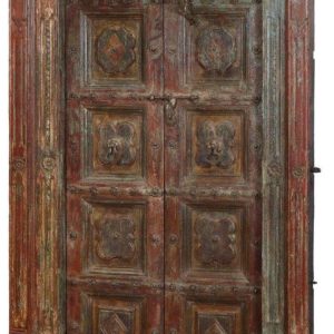 Pair of heavily carved and painted wooden doors