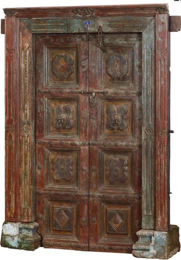 Pair of heavily carved and painted wooden doors