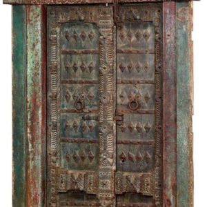 Pair of distressed painted wooden doors with diamond patterns